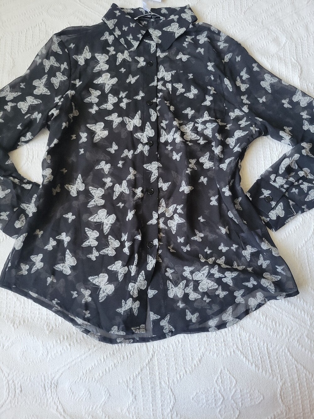 Sheer Butterfly Print Button-Up Top - Black